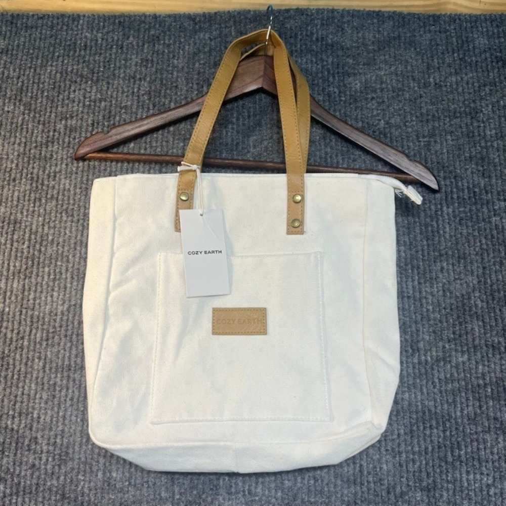 Cozy Earth Canvas Tote Bag Off White Tan Straps Zipper Top NWT